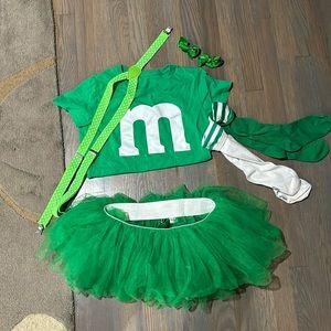 Halloween M&M girl costume green 10-12 complete outfit VGUC
